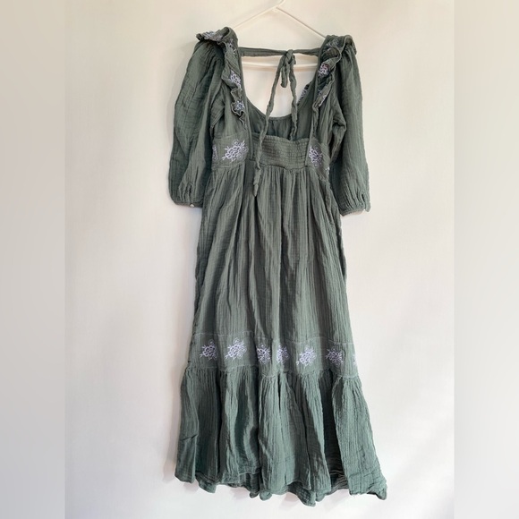 Free People Lovers Lane Maxi Dress Green Blue Embroidered Ruffle 3/4 Sleeve S - Picture 4 of 13